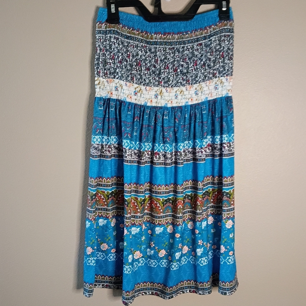 Bohemian Strapless Summer Beach Mini Dress Blue Floral Stretch A-Line Size M New - Picture 6 of 10